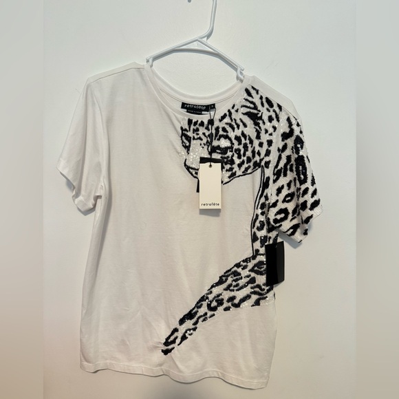Retrofete Tops - Retrofete Sequin Leopard White T-Shirt Top